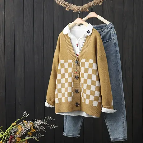 秋季2022新款女装文艺范格子针织开衫慵懒风V领长袖毛衣外套上衣图片