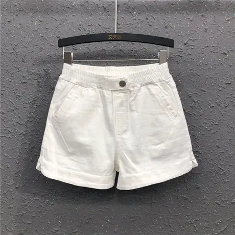 白色休闲宽松显瘦阔腿裤女春夏新款港味个性松紧高腰牛仔短裤热裤商品大图