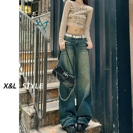 复古美式高腰阔腿牛仔裤女春秋装2023年新款显瘦直筒宽松拖地裤子图片