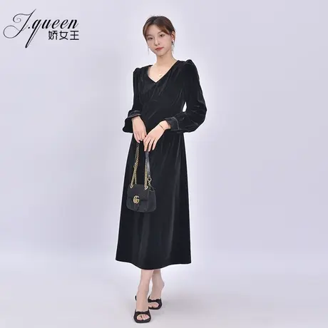 金丝绒连衣裙女春秋季新款法式赫本风名媛泡泡袖内搭打底黑色裙子图片