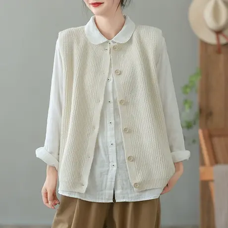 dza 复古针织背心外搭马夹女士春秋新款宽松毛衣马甲休闲宽松上衣图片