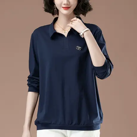 翻领长袖t恤女春秋新款加肥大码女装宽松中年妈妈休闲纯棉上衣女图片