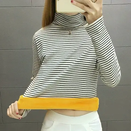复合加绒保暖t恤女加厚2024秋冬新款条纹长袖半高领打底衫上衣潮图片