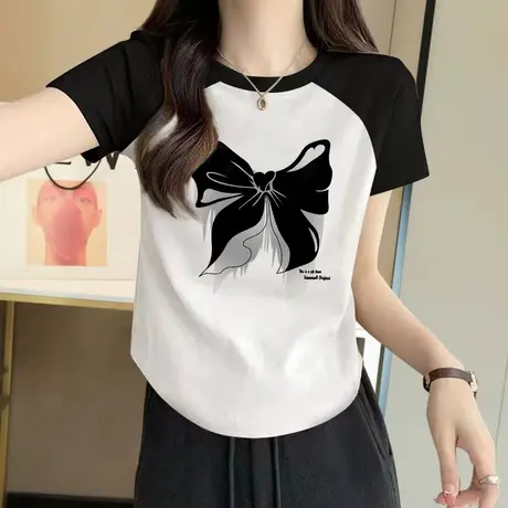 正肩女t恤纯棉撞色拼接短袖夏2023新款设计感小众不规则短款上衣图片