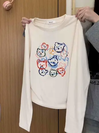 红续卡通涂鸦小熊加绒长袖T恤女甜妹小个子收腰内搭上衣秋冬新款图片