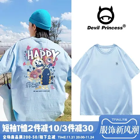 高街ins潮牌卡通oversize天蓝色短袖t恤女港风宽松BF风夏季新款潮图片