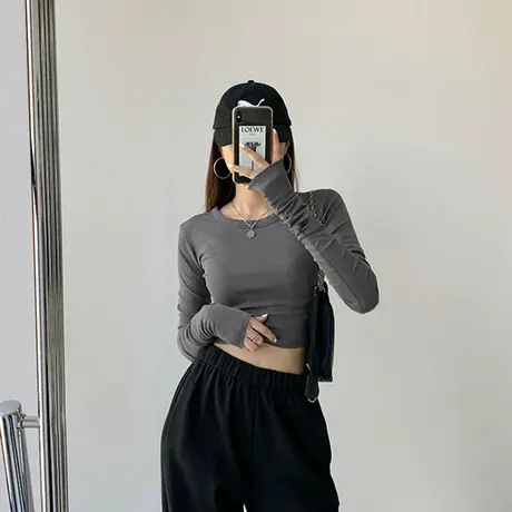 2024年早秋季新款短款高腰设计感小众别致纯色长袖t恤女装上衣潮商品大图