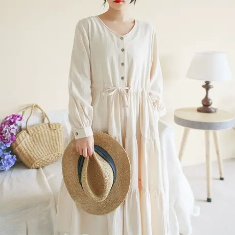 【买一送一】春简约韩系气质连衣裙新款杏色V领长袖文艺长裙商品大图