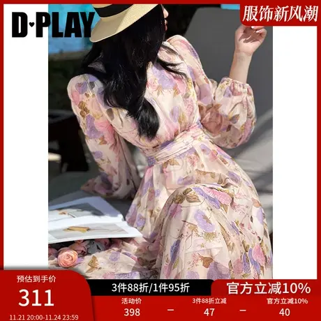 DPLAY夏氛围感梦幻玫瑰园镂空蝴蝶结系带度假连衣裙仙女裙图片