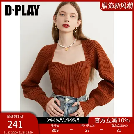 DPLAY2025秋季法式方领毛衣红色针织衫灯笼袖毛衣厚款上衣女商品大图