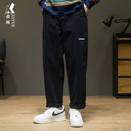 希越日系复古休闲裤子男款宽松大码纯棉直筒工装长裤2023秋冬新款商品大图