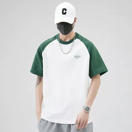 夏季圆领t恤男士撞色拼接短袖体恤男装小众设计感薄款上衣夏天短t商品大图