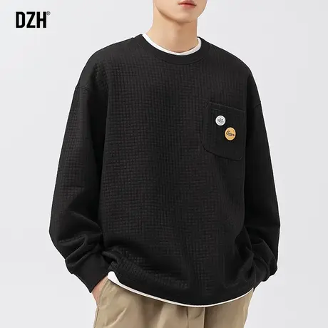 男士华夫格假两件卫衣男春秋潮牌男装2024年新款宽松上衣黑色长袖商品大图