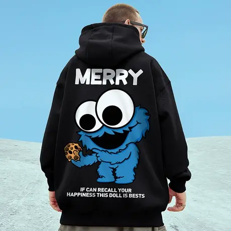 秋冬国潮oversize卡通hiphop大码加绒连帽卫衣男宽松潮流情侣外套图片