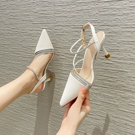 一字带高跟鞋女细跟2024年新款尖头单鞋中空水钻仙女风性感单鞋女图片