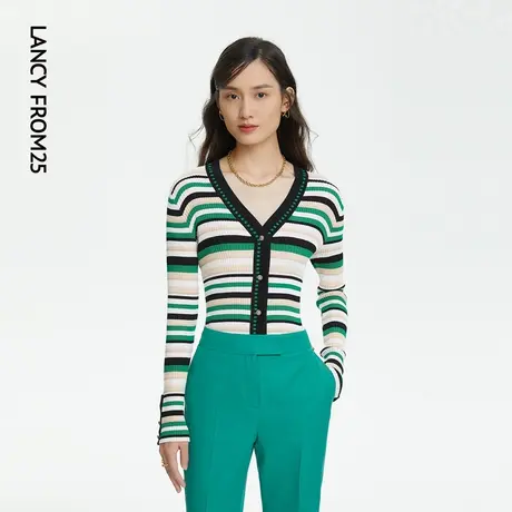 LANCY/朗姿春夏季袖新款针织开衫条纹通勤上衣女商场同款正品奥莱图片