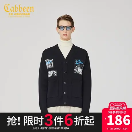 卡宾男装线衫外套插画提花潮流宽松针织衫字母开衫W商品大图