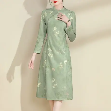 水墨青华2023冬季新款优雅改良中国风显瘦旗袍百搭时尚蕾丝连衣裙商品大图