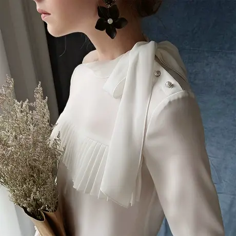 法式复古衬衫2022粉红大布娃娃春新款白色港风设计感飘带上衣女商品大图