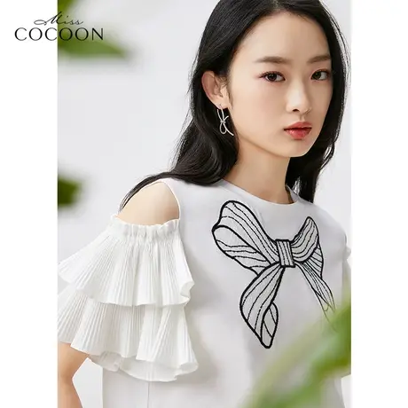 miss COCOON法式蝴蝶结短袖t恤女夏2023新款露肩荷叶袖设计感上衣商品大图