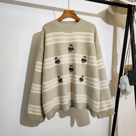 小熊针织衫女外穿秋冬新款宽松圆领卡通刺绣拼色条纹毛衣套头上衣商品大图