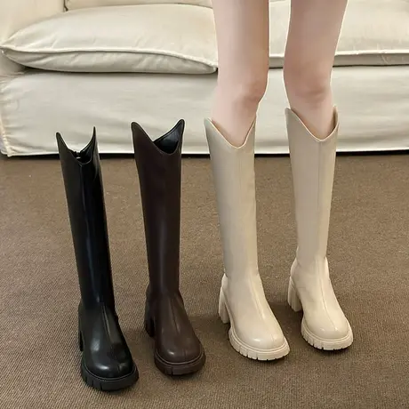 长筒靴女2023年秋冬季新款复古英伦风高跟不过膝靴v口粗跟骑士靴图片