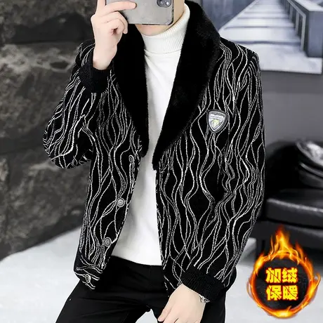潮牌短款毛呢子外套男士加绒加厚高级感提花冬装时尚毛领夹克大衣商品大图
