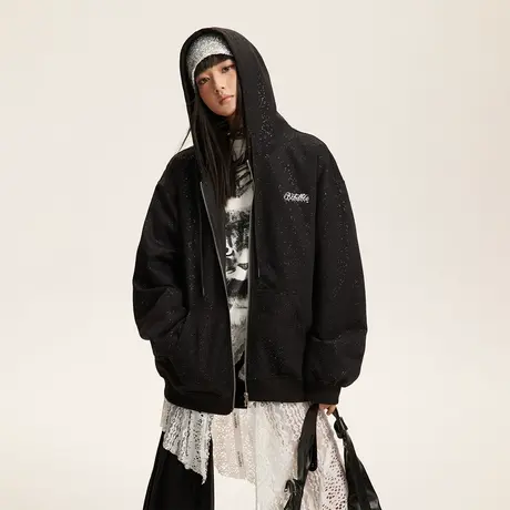 美式复古潮牌黑色连帽卫衣女春秋2024新款设计感宽松开衫小众外套商品大图