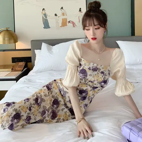 温柔风法式茶歇方肩连衣裙中长款碎花性感小晚礼服初恋长裙女夏商品大图