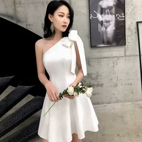 白色单肩小礼服女名媛裙子平时可穿简单大方小个子短款连衣裙派对商品大图