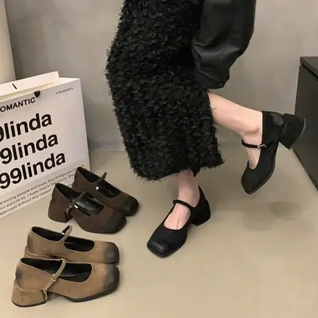 法式复古高跟鞋方头单鞋女鞋子2024新款春秋冬季气质晚风玛丽珍鞋图片