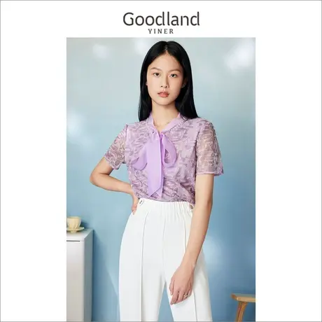 【蕾丝系列】Goodland美地女装2023夏飘带绣花钉珠衬衫上衣图片