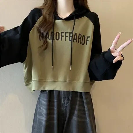 ins超火短款插肩长袖卫衣女春秋薄款2024新款百搭宽松撞色上衣潮商品大图