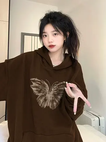 美式复古连帽卫衣女春秋2024爆款慵懒风oversize宽松休闲外套上衣图片