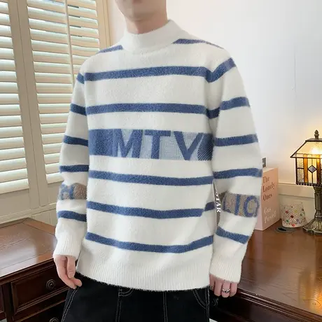 半高领毛衣男秋冬季针织打底羊毛衫潮牌条纹冬天加厚款中性风外套商品大图