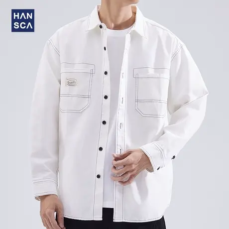 hansca秋季休闲长袖衬衫男复古潮流宽松大码日系纯棉工装开衫外套商品大图