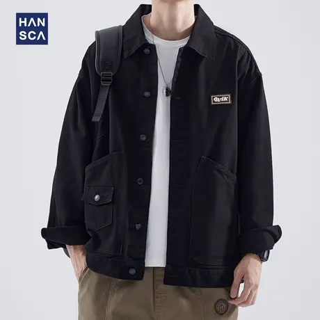 hansca日系潮牌工装休闲夹克男秋季新款纯棉宽松大码拼接翻领外套商品大图
