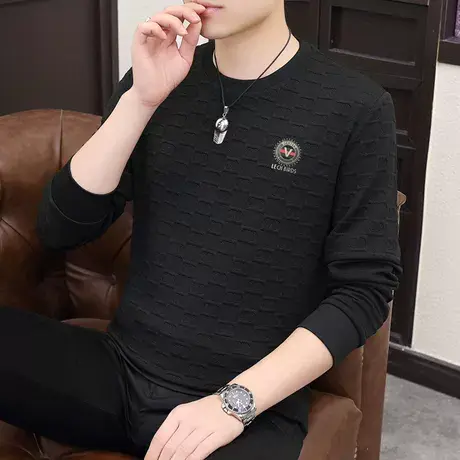 圆领卫衣男士潮流时尚提花休闲百搭体恤打底衫秋冬季新款长袖T恤图片