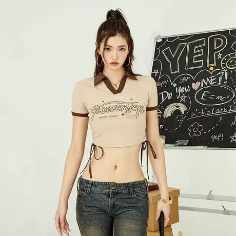 YEP复古翻领短袖t恤女2024新款设计感抽绳修身辣妹短款半袖ins潮图片