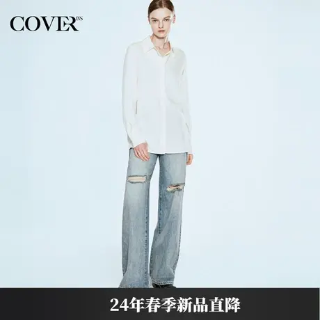 COVER2024春款莫代尔混纺翻领白色衬衫图片
