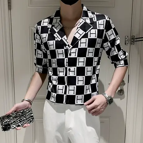 潮牌痞帅七分袖衬衫男夏季韩版高级感男装古巴领个性格子中袖衬衣商品大图