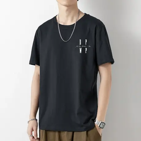 重磅纯棉短袖t恤男夏季半袖宽松黑色上衣服美式潮流圆领全棉体恤商品大图