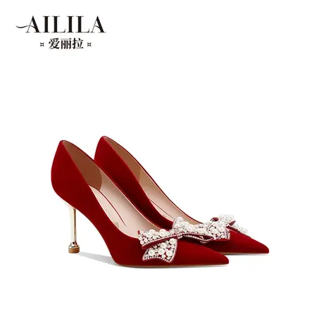 爱丽拉红色水晶婚鞋女2023新款中式新娘高跟鞋禾秀婚纱两穿高级感商品大图