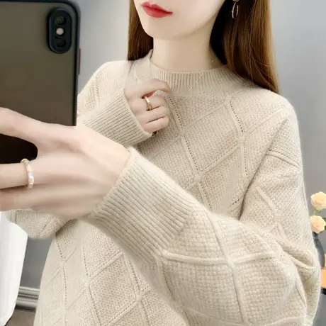 女士圆领针织衫2023春季新款纯色菱形毛衣套头宽松显瘦打底衫上衣商品大图