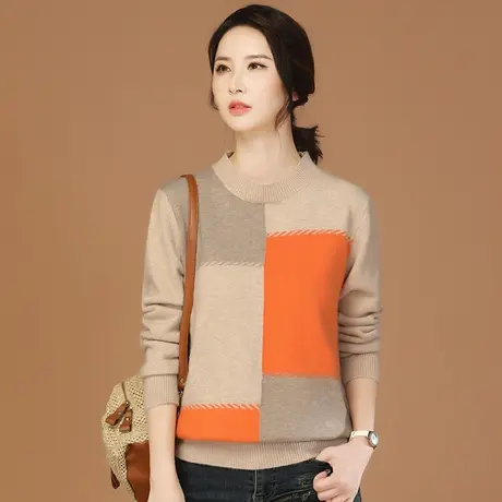 韩潮袭人长袖圆领撞色针织衫上衣女2023冬季新款显瘦套头加厚毛衣图片