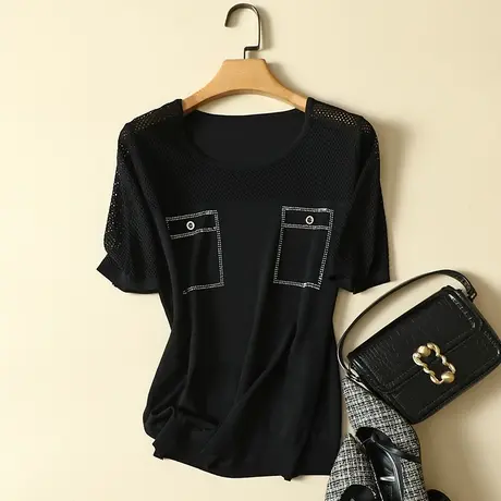 清仓！冰丝针织衫短袖t恤女春夏新款圆领宽松显瘦薄款打底衫上衣商品大图