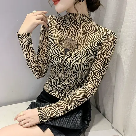 性感网纱打底衫女加绒内搭秋冬半高领紧身上衣复古印花长袖T恤潮商品大图