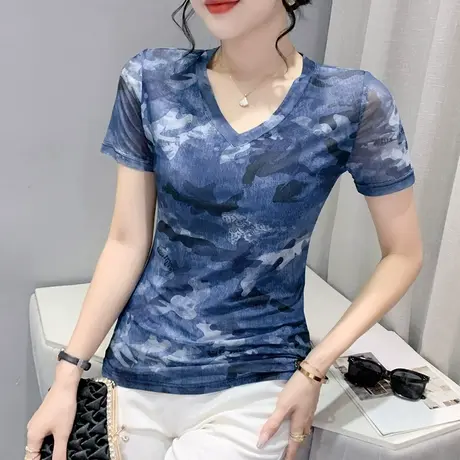时尚迷彩印花T恤女短袖2023夏季新款性感V领网纱打底衫洋气上衣潮商品大图