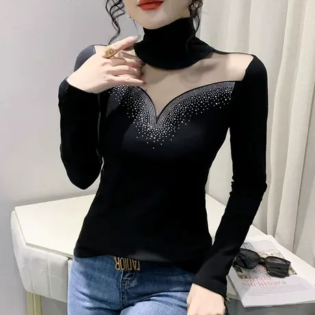 网纱拼接T恤女长袖2023秋冬新款洋气高领打底衫时尚重工烫钻上衣商品大图