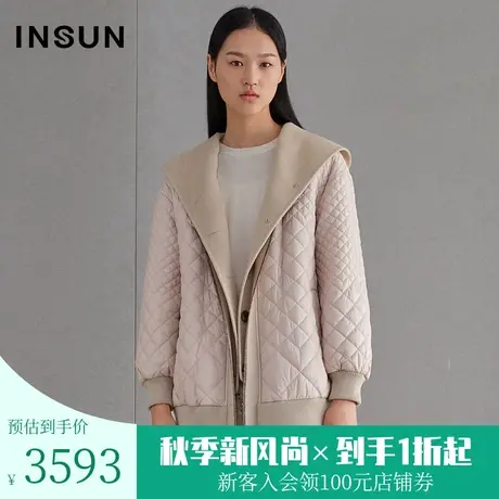 恩裳春季时尚宽松减龄粉色大翻领拼接毛呢棉衣外套女商品大图